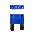 Blue 60A maxi blade fuse showing top amperage rating and side profile with silver terminals