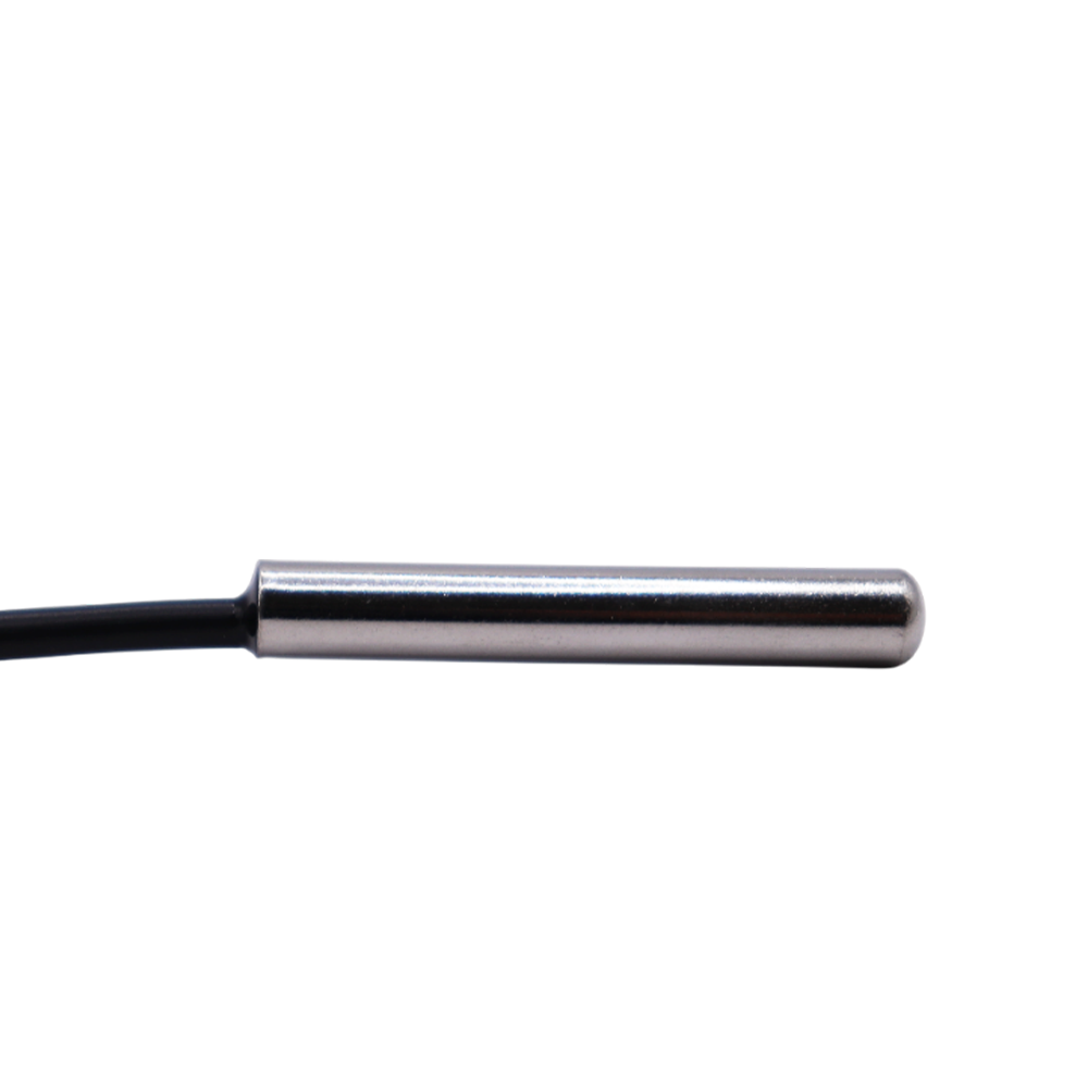 Detail view of the cylindrical 6mm stainless steel temperature sensor probe