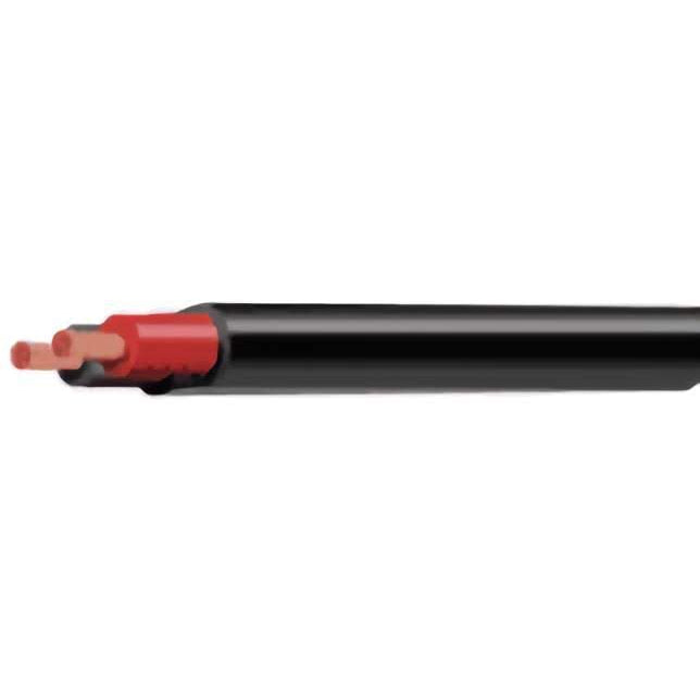 Close-up of stripped 6mm twin core automotive cable revealing red insulation and copper strands