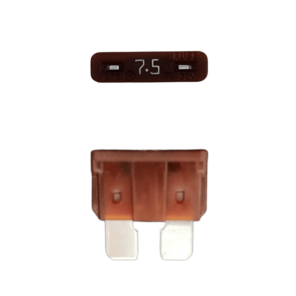 Brown 7.5A ATO/ATC automotive blade fuse with silver-plated terminals showing top and side profiles