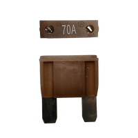 Brown 70A maxi blade fuse showing top amperage rating and side profile with silver terminals