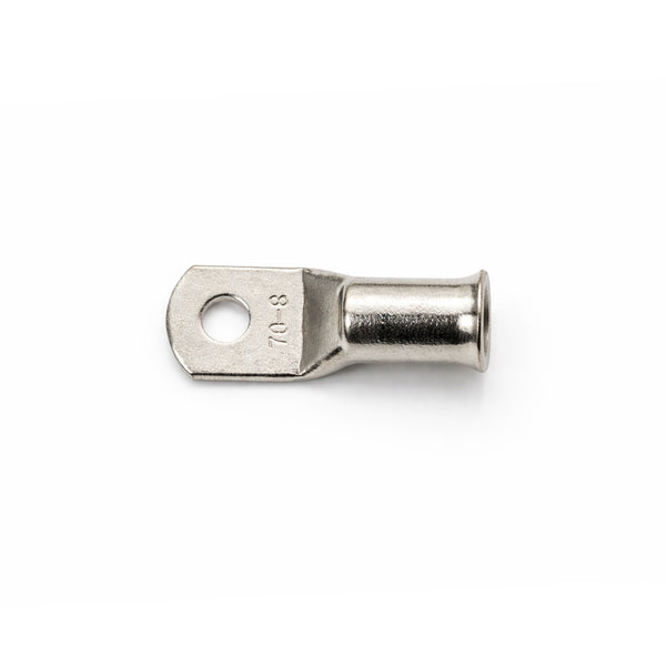 Overhead view of a 70mm² M8 tinned copper lug showing size markings