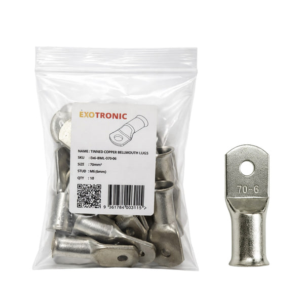 10 pack of 70mm² tinned copper bellmouth lugs with M6 stud hole and one loose lug