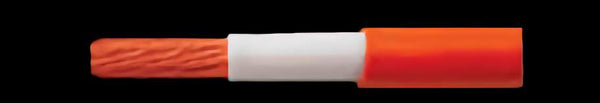 Stripped segment of orange 70mm2 flexible welding cable showing white insulation and copper strands