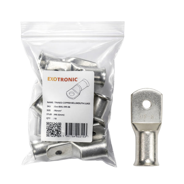 10 pack of 95mm² tinned copper bellmouth lugs with M6 stud hole and one loose lug