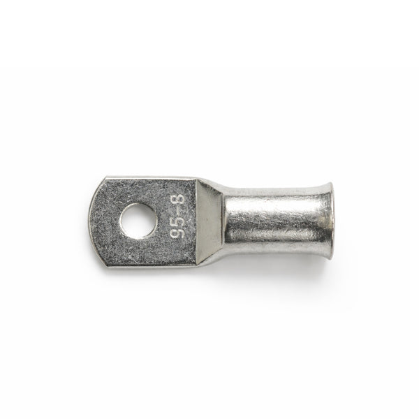 Top view of a 95mm squared tinned copper lug with M8 stud hole and size markings
