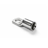 Angled rear view of a tinned copper lug showing the flared bellmouth cable entry