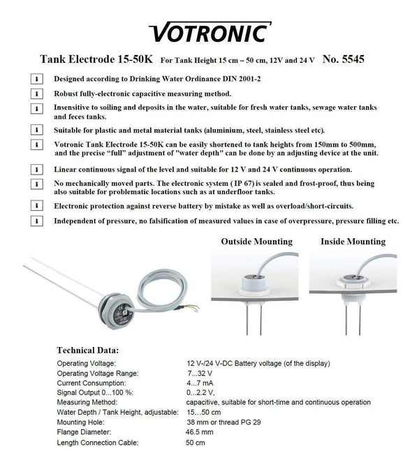 Votronic Tank Level Sensor Electrode 15-50K plus Tank Display S -Faeces/Black Toilet Water 2