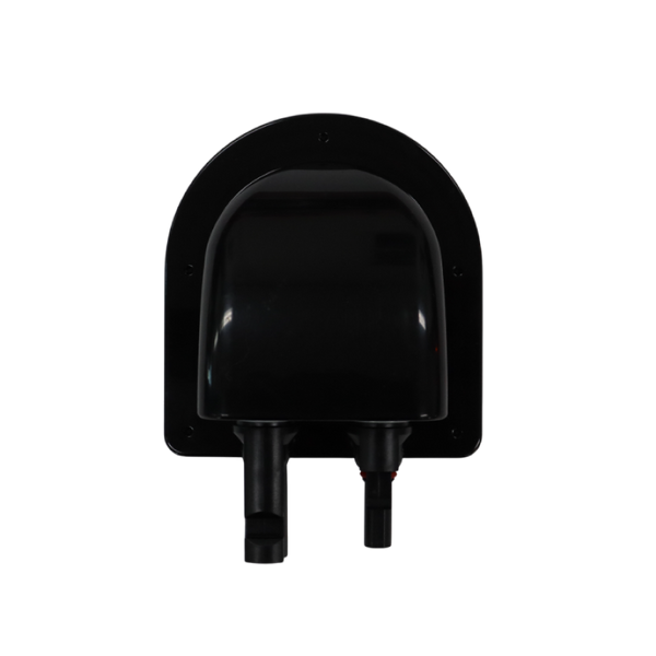 Top view of black curved plastic cable entry housing