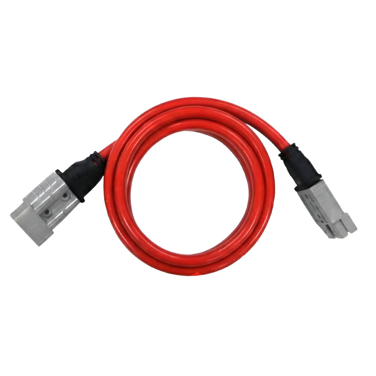 Exotronic Coiled 2m red 8AWG extension lead with grey 50A Anderson-style plugs and dust covers