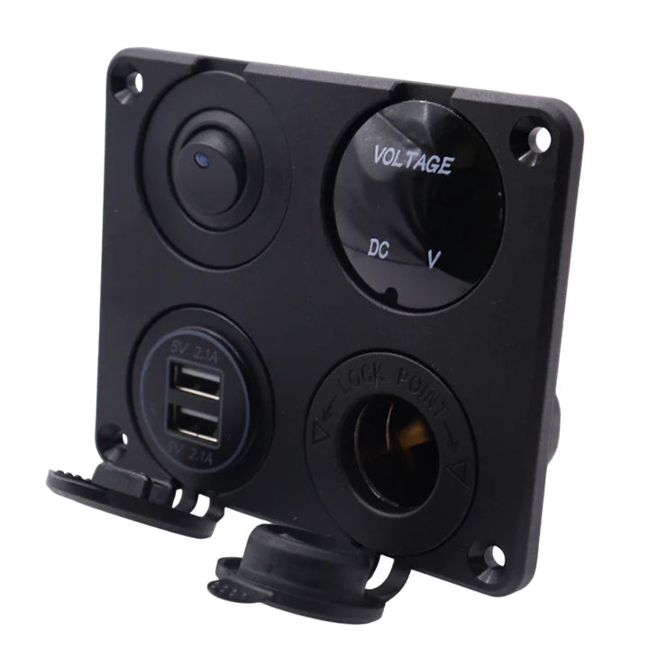 Angled view of 4-gang panel showing flush mount bezel and open dust covers