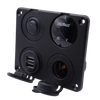 Angled view of 4-gang panel showing flush mount bezel and open dust covers