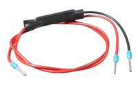 Angled view of coiled remote on-off cable showing inline module and pin connectors