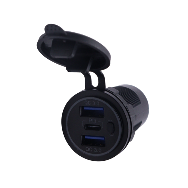 Angled view of USB socket face showing dual USB-A and single USB-C ports surrounded by a blue ring