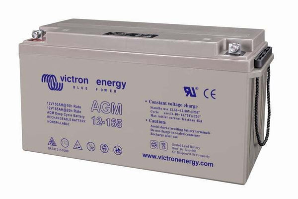 Perspective view of Victron 165Ah AGM battery showing top terminal posts and integrated carry handles