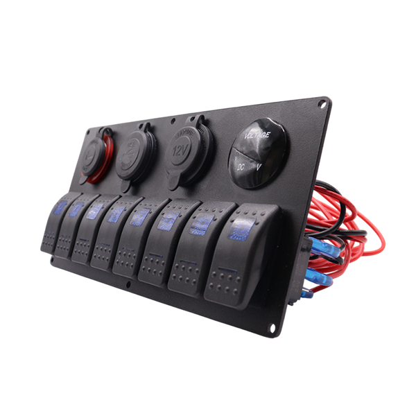 Angled view of black aluminium switch panel showing pre-wired harness and protective socket covers