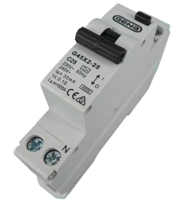 Angled view of Gen3 single module RCBO showing manual toggle switch and C25 rating markings