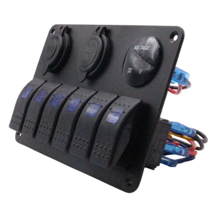 Side angle view of switch panel showing curved rocker switches and rear wiring connections
