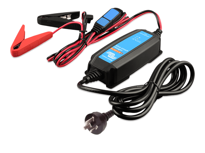 Angled view of the Victron Blue Smart IP65 charger showing compact enclosure and heavy-duty cabling