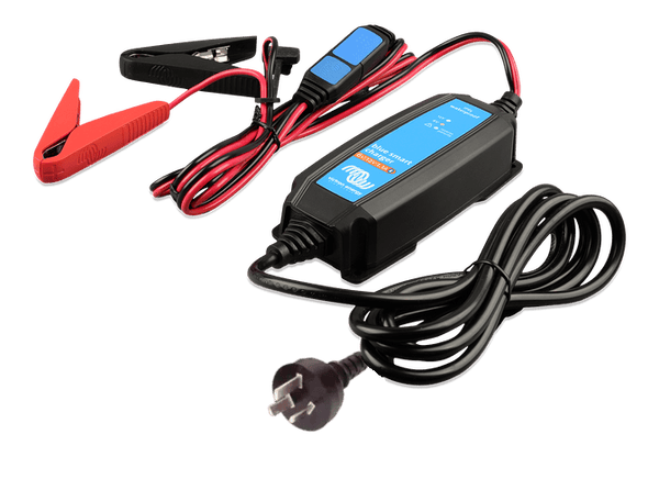 Angled view of Blue Smart battery charger with power cord and battery clamps