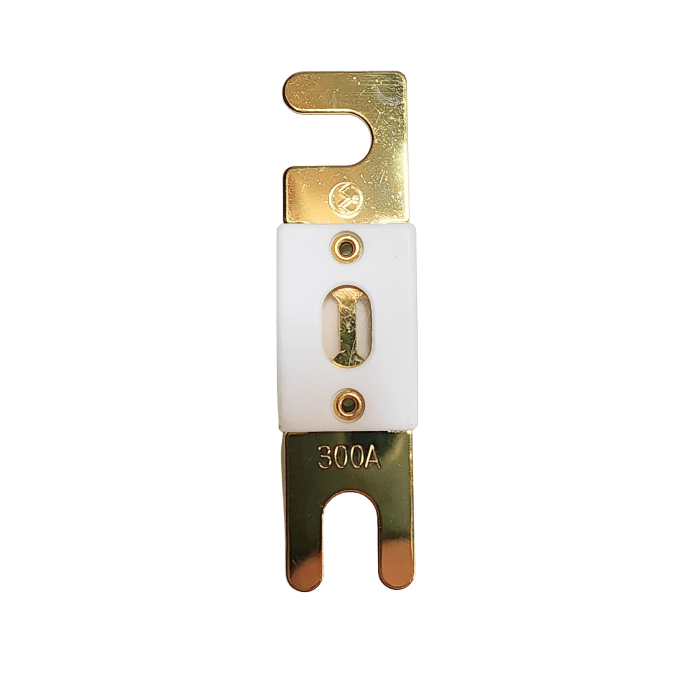 Top-down view of 300A ANL fuse showing gold-plated terminals and white ceramic housing