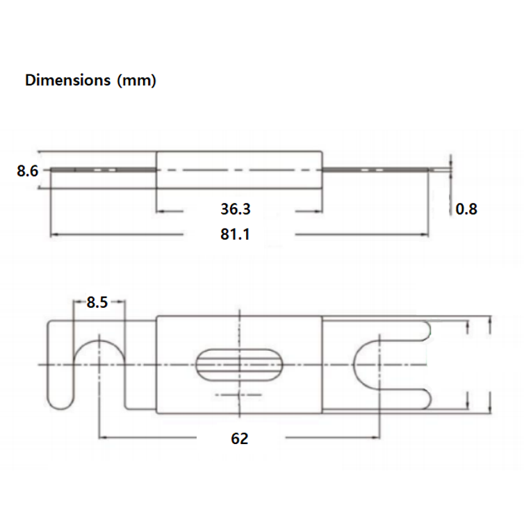 Technical drawing of ANL fuse showing 81.1mm length and 62mm centre-to-centre mounting spacing
