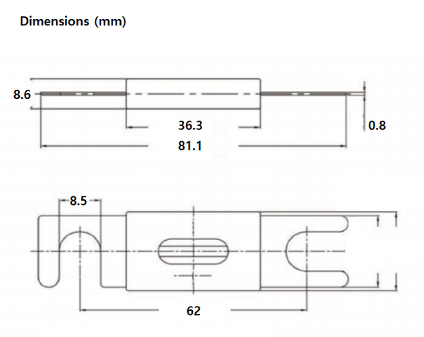 Technical drawing of ANL fuse dimensions showing 81mm total length and 62mm mounting centers