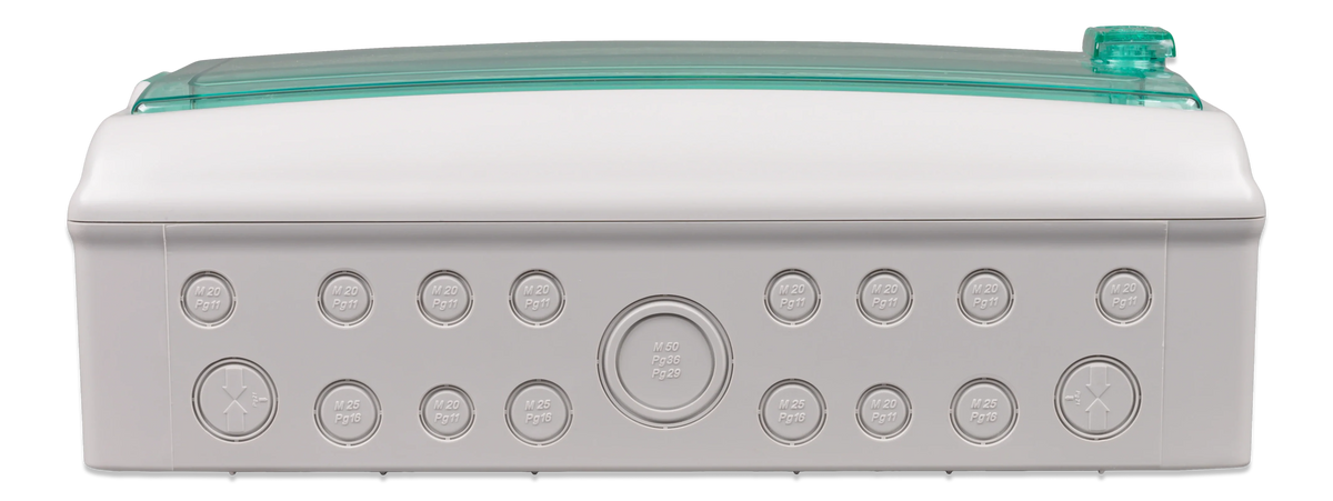 Top view of enclosure showing various pre-marked cable entry knockouts