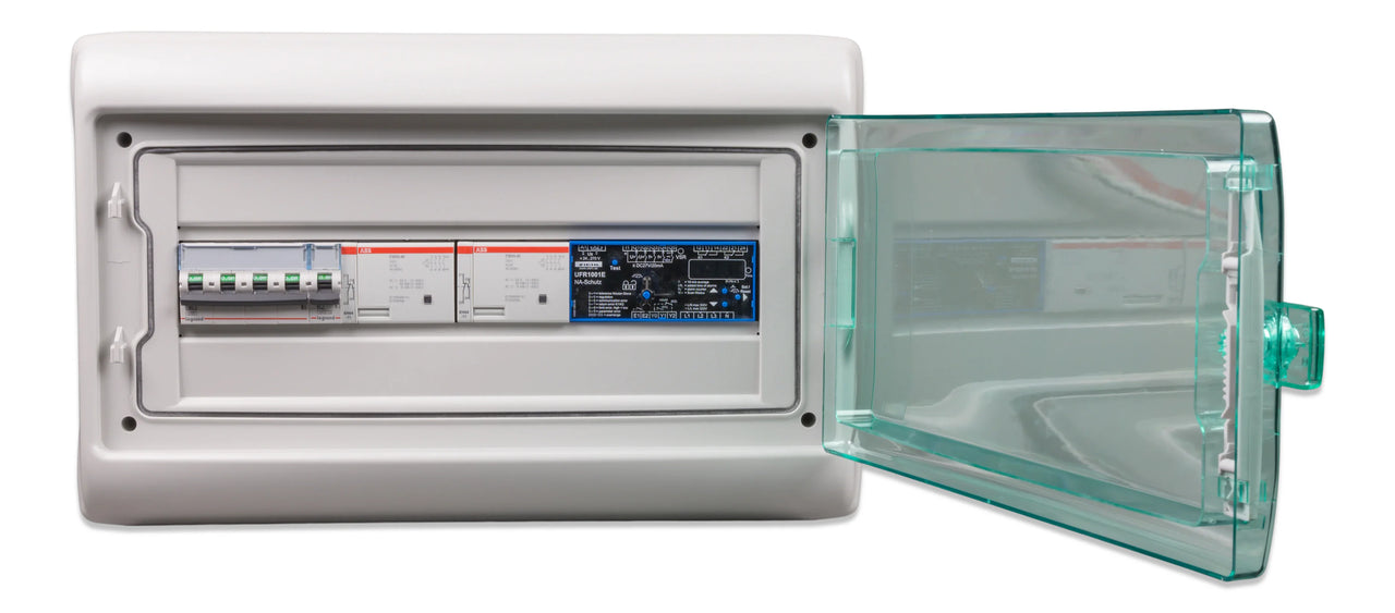 Front view of anti-islanding box with clear protective window open