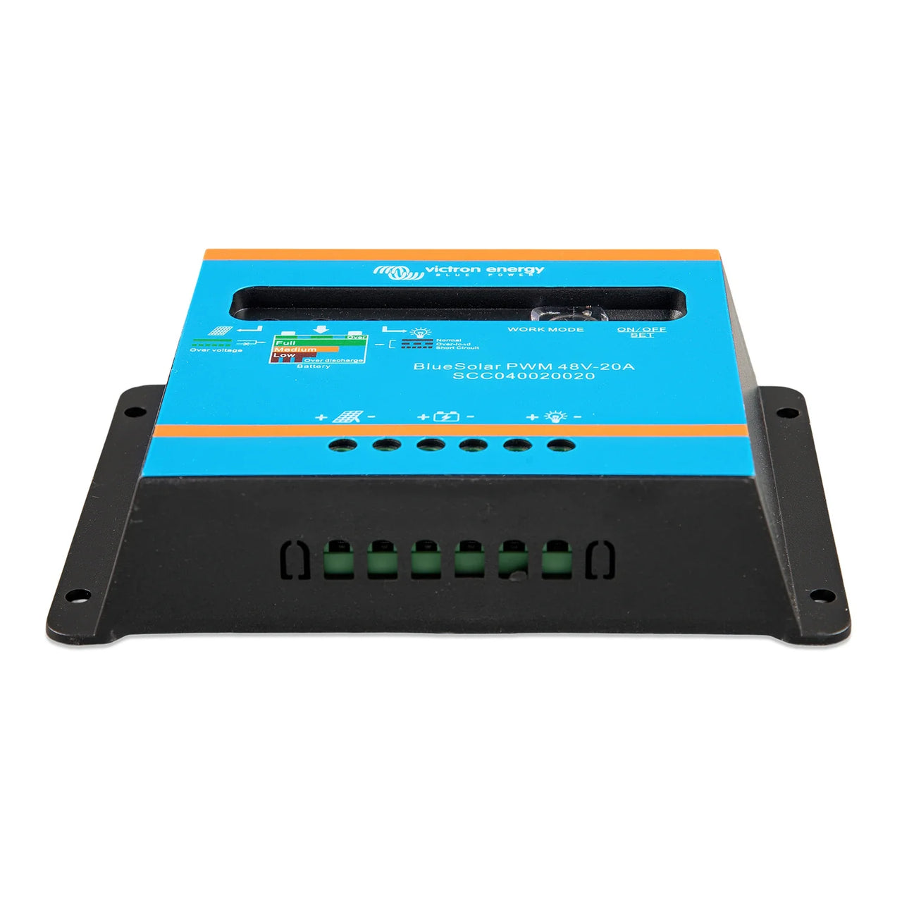 A Victron Energy BlueSolar PWM 48V-20A solar charge controller, model SCC040020020, featuring a bright blue front panel with orange accent stripes and black terminal blocks on the sides.