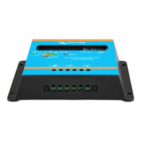 A Victron Energy BlueSolar PWM 48V-20A solar charge controller, model SCC040020020, featuring a bright blue front panel with orange accent stripes and black terminal blocks on the sides.