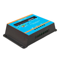 A Victron Energy BlueSolar PWM 48V-20A solar charge controller, model SCC040020020, featuring a bright blue front panel with orange accent stripes and black terminal blocks on the sides.