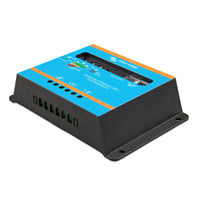 A Victron Energy BlueSolar PWM 48V-20A solar charge controller, model SCC040020020, featuring a bright blue front panel with orange accent stripes and black terminal blocks on the sides.
