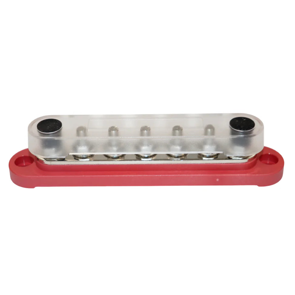 Assembled 150A busbar with clear cover installed over red base and studs
