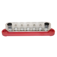 Assembled 150A busbar with clear cover installed over red base and studs