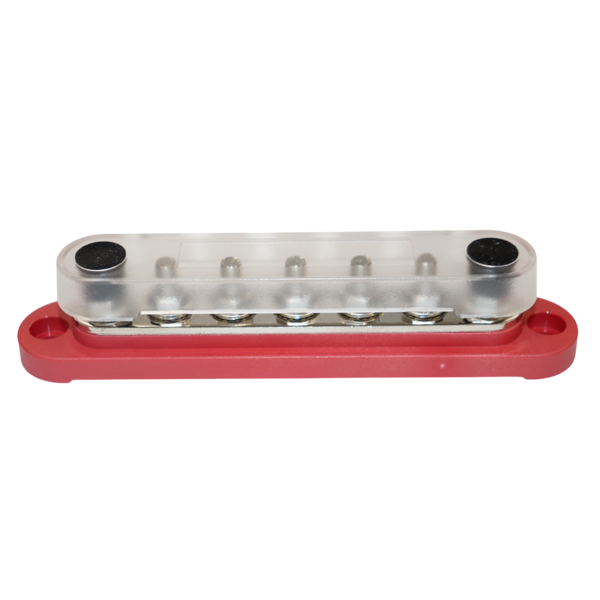 Assembled 150A busbar with clear cover installed over red base and studs