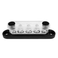 Angled view of 5-stud busbar with clear polycarbonate cover installed