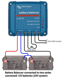Technical wiring diagram for a Battery Balancer in a 24V system with two series batteries