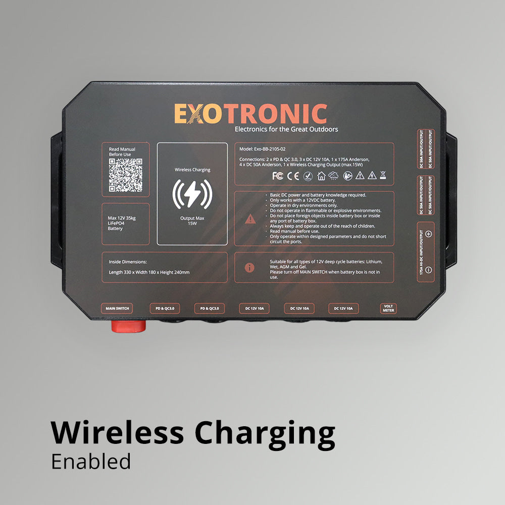 Top lid of battery box featuring 15W wireless charging zone and technical specifications