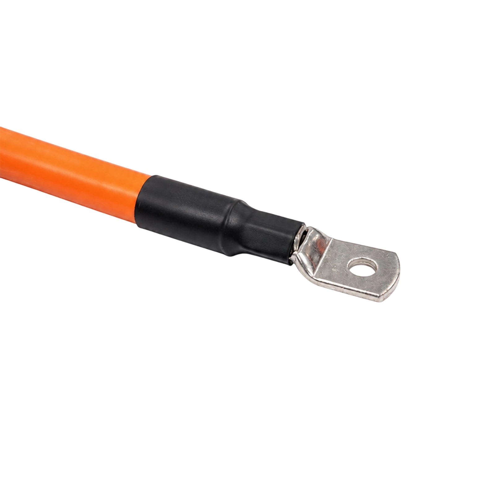 Close-up of a tin-plated copper M8 bellmouth lug on orange battery cable with black heat shrink
