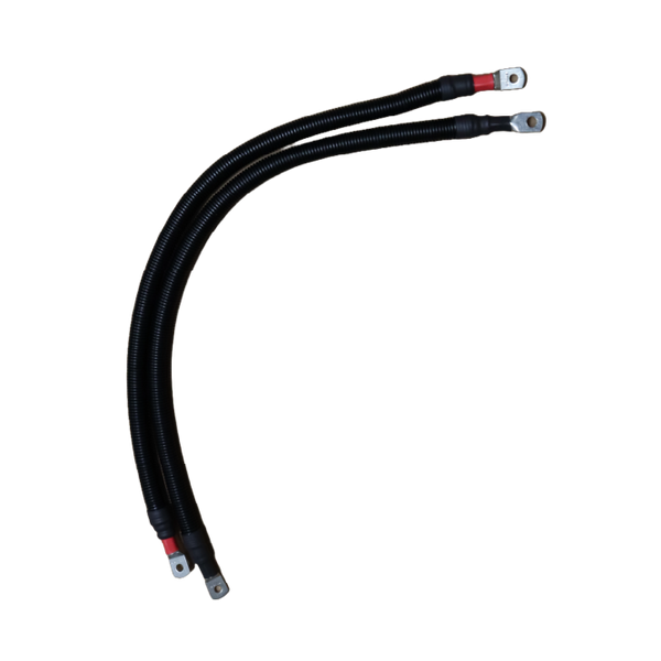 Pair of black corrugated battery cables with ring terminals