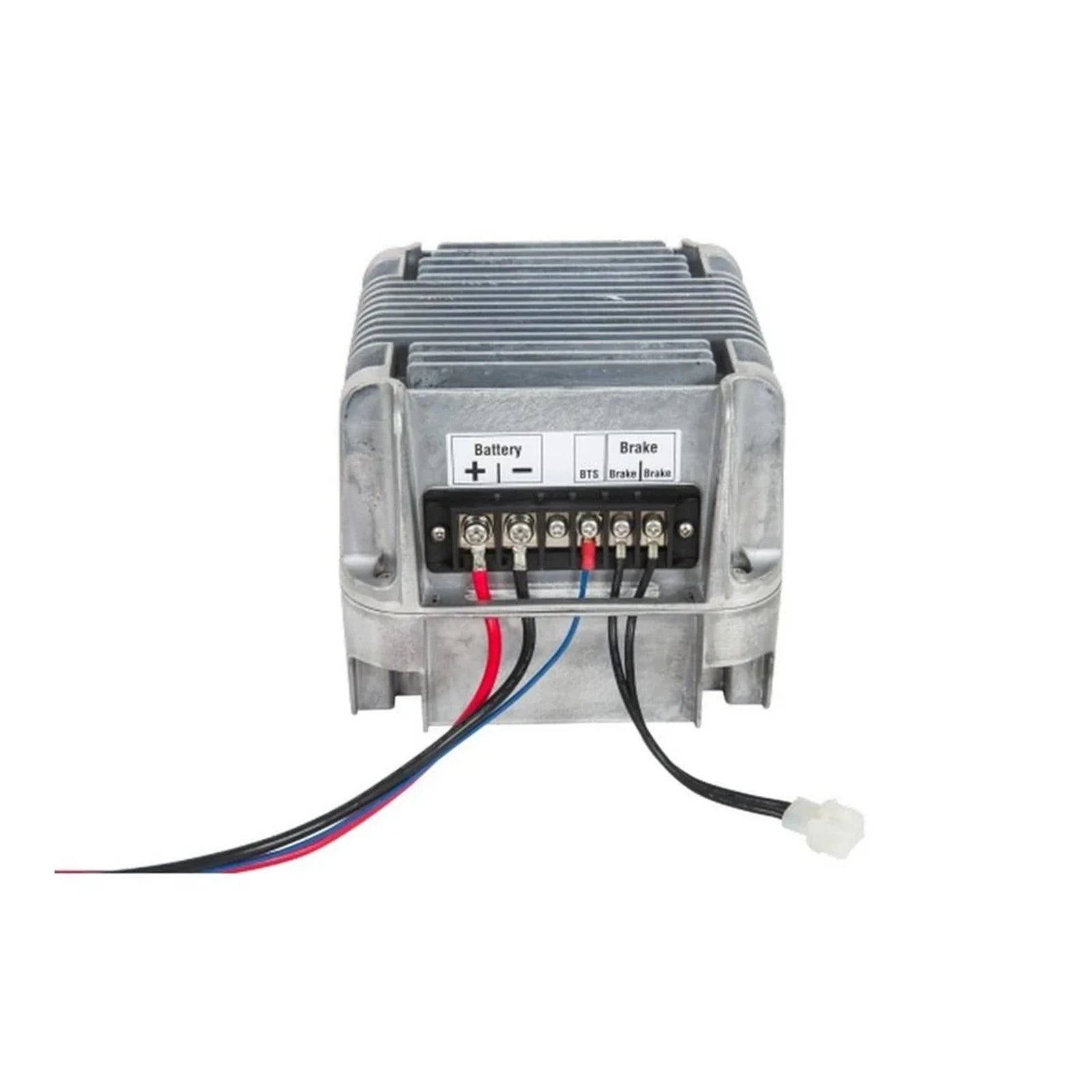 Rear terminal block of battery charger with labeled battery and brake interlock connections