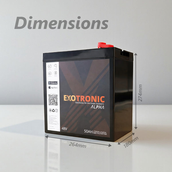 Dimensions diagram of 48V battery measuring 264mm length, 180mm width and 274mm height