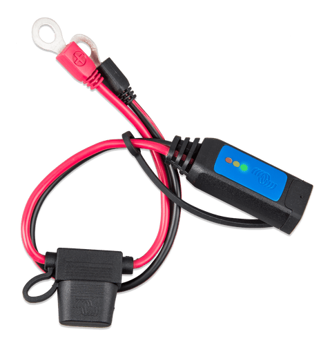 Battery indicator eyelet cable showing protected inline fuse and status display