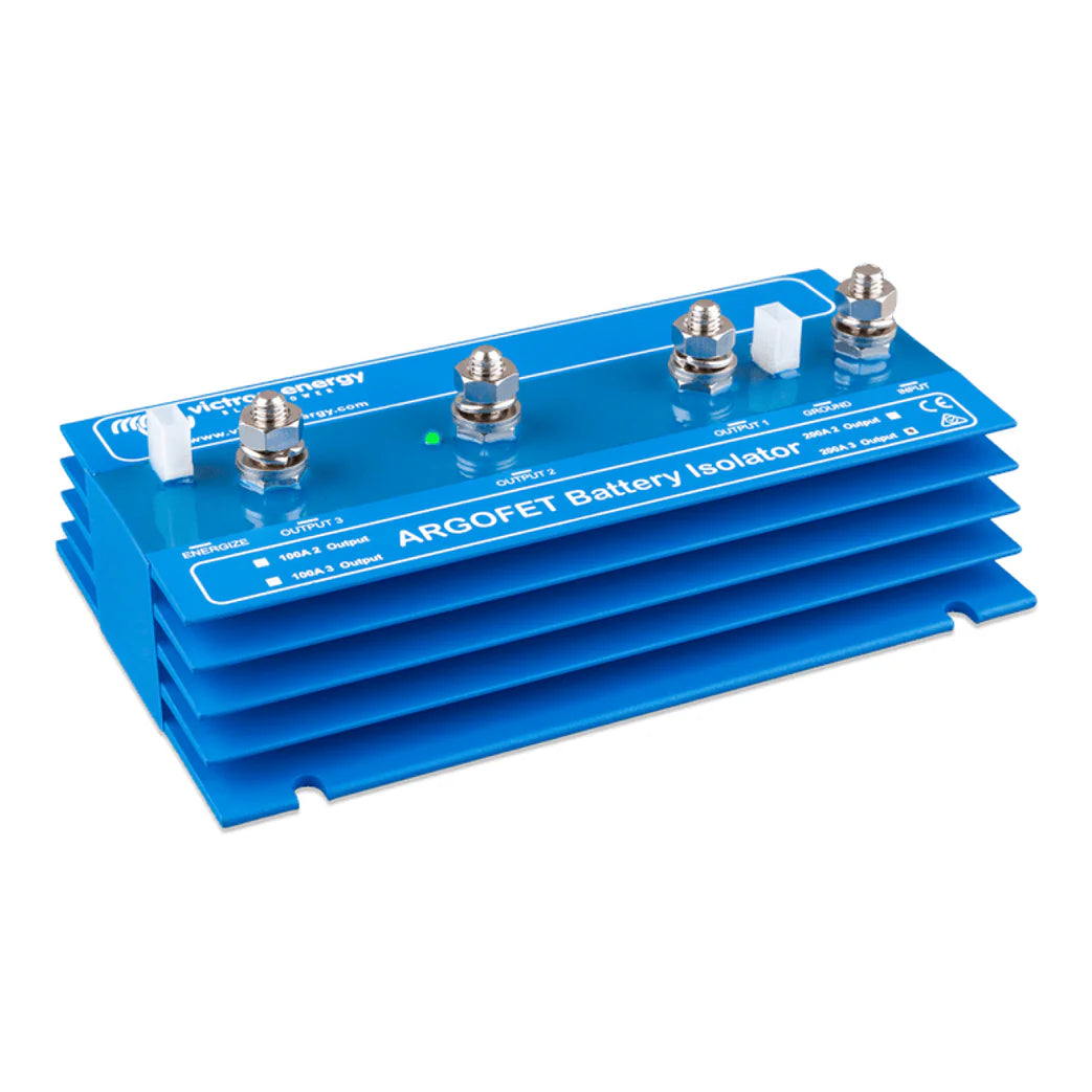 Front angled view of the 200 amp battery isolator highlighting the connection bolts