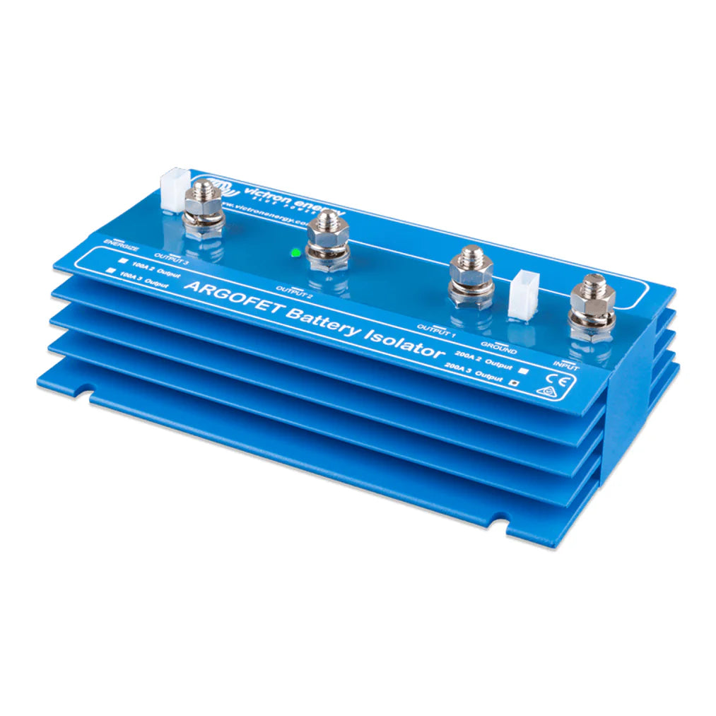 Side angled view of the Victron Argo FET battery isolator showing blue finned housing