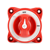 Top-down view of red battery isolation switch with clear ON OFF position labels