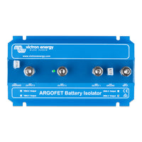Top down view of the battery isolator labels and input output terminal positions