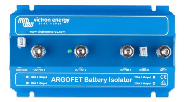Top down view of the battery isolator labels and input output terminal positions