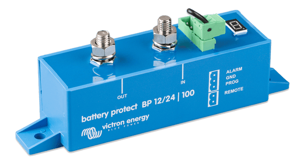 Side view of Victron Battery Protect 100A showing the blue enclosure and mounting points